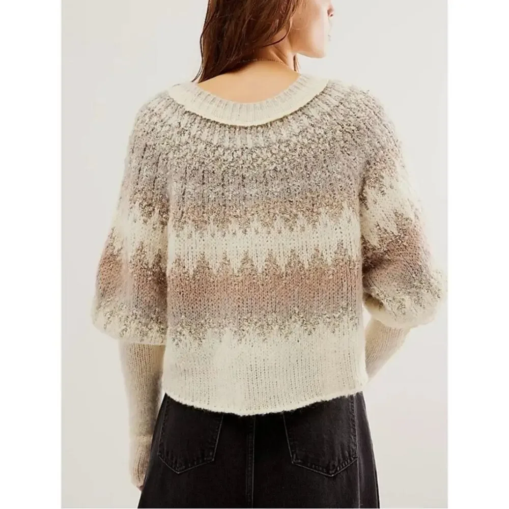 Free People Wool Fair Isle Puff Sleeve Sweater Home For the Holidays XL - Picture 4 of 12